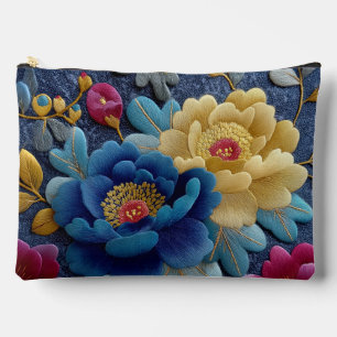 Elegant Floral Embroidered Look Vintage Peony Accessory Pouch