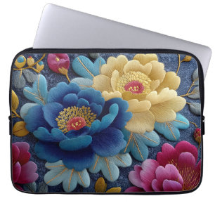Elegant Floral Embroidered Look Vintage Peony Laptop Sleeve