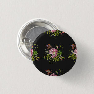 Elegant Floral Embroidery Pattern Black Background 3 Cm Round Badge