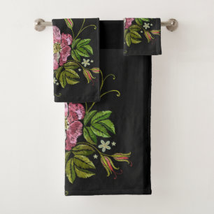 Elegant Floral Embroidery Pattern Black Background Bath Towel Set