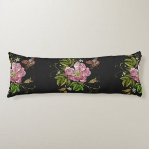 Elegant Floral Embroidery Pattern Black Background Body Cushion