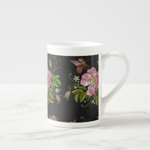 Elegant Floral Embroidery Pattern Black Background Bone China Mug