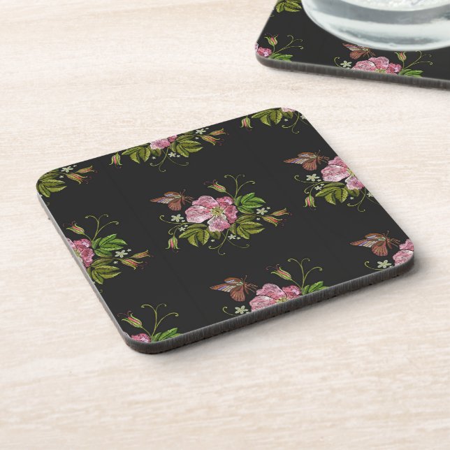 Elegant Floral Embroidery Pattern Black Background Coaster (Left Side)