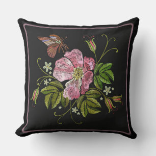 Elegant Floral Embroidery Pattern Black Background Cushion