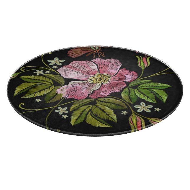 Elegant Floral Embroidery Pattern Black Background Cutting Board (Corner)
