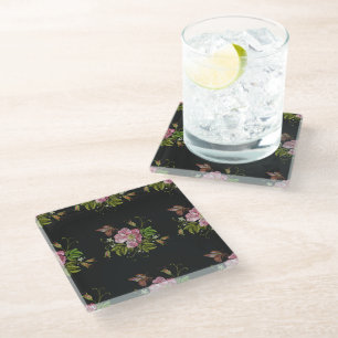 Elegant Floral Embroidery Pattern Black Background Glass Coaster