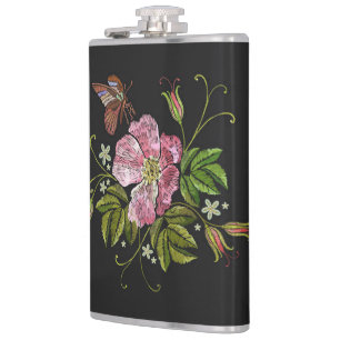 Elegant Floral Embroidery Pattern Black Background Hip Flask