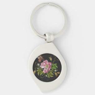 Elegant Floral Embroidery Pattern Black Background Key Ring