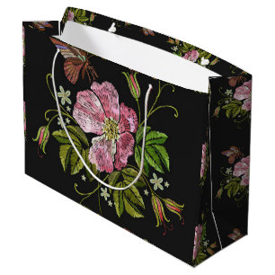 Elegant Floral Embroidery Pattern Black Background Large Gift Bag