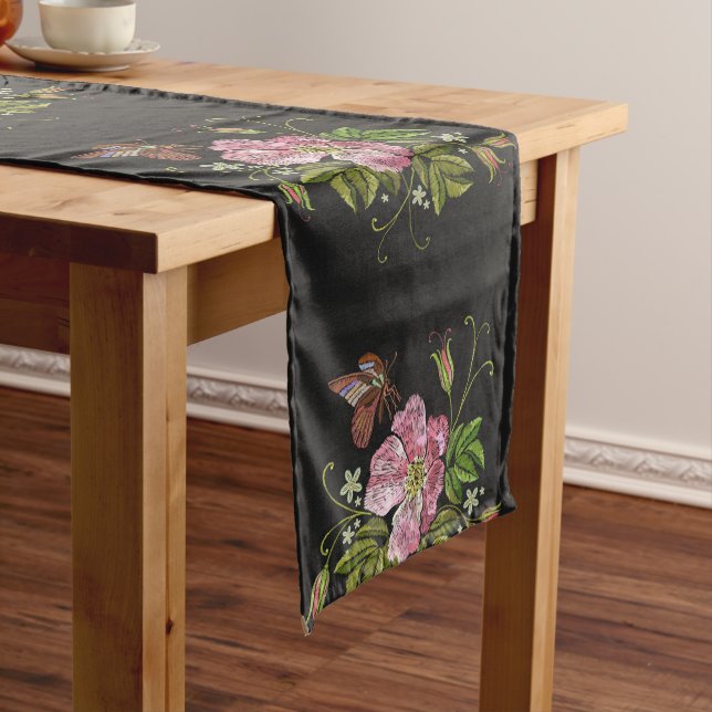 Elegant Floral Embroidery Pattern Black Background Long Table Runner (In Situ)