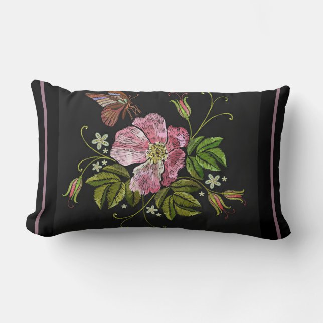 Elegant Floral Embroidery Pattern Black Background Lumbar Cushion (Front)