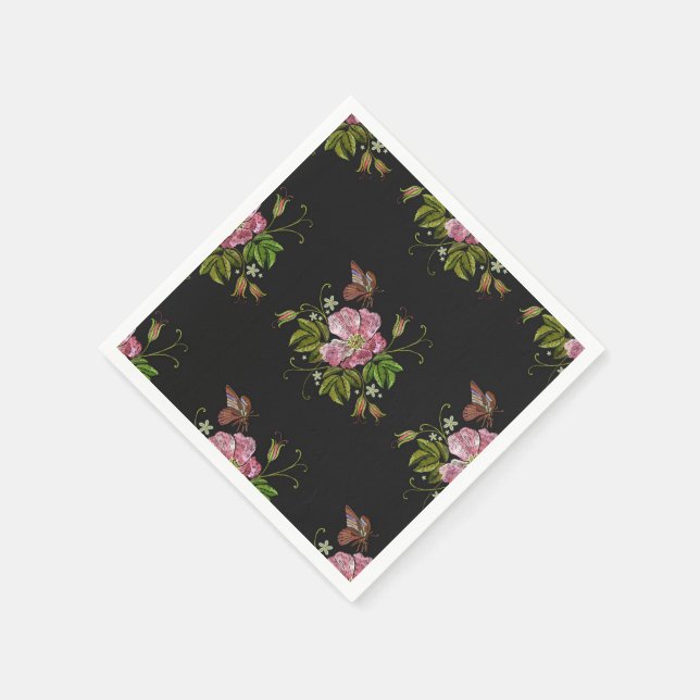 Elegant Floral Embroidery Pattern Black Background Napkin (Corner)