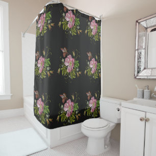 Elegant Floral Embroidery Pattern Black Background Shower Curtain