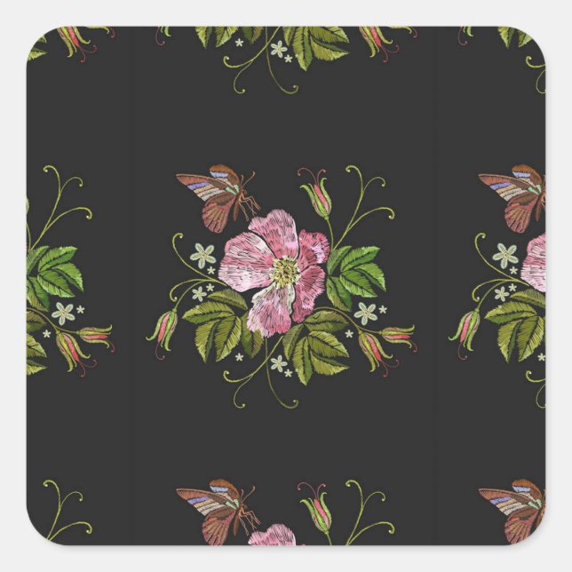 Elegant Floral Embroidery Pattern Black Background Square Sticker (Front)
