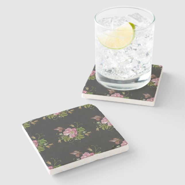 Elegant Floral Embroidery Pattern Black Background Stone Coaster (Side)