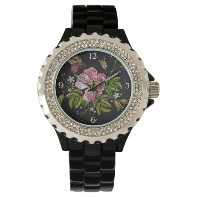 Elegant Floral Embroidery Pattern on Black Backgro Watch (Front)