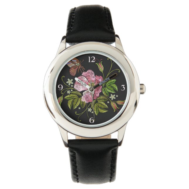 Elegant Floral Embroidery Pattern on Black Backgro Watch (Front)