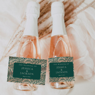Elegant Floral Emerald Green and Rose Gold Sparkling Wine Label