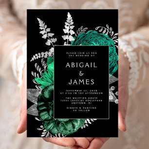 Elegant Floral Emerald Green Black Silver Wedding Invitation