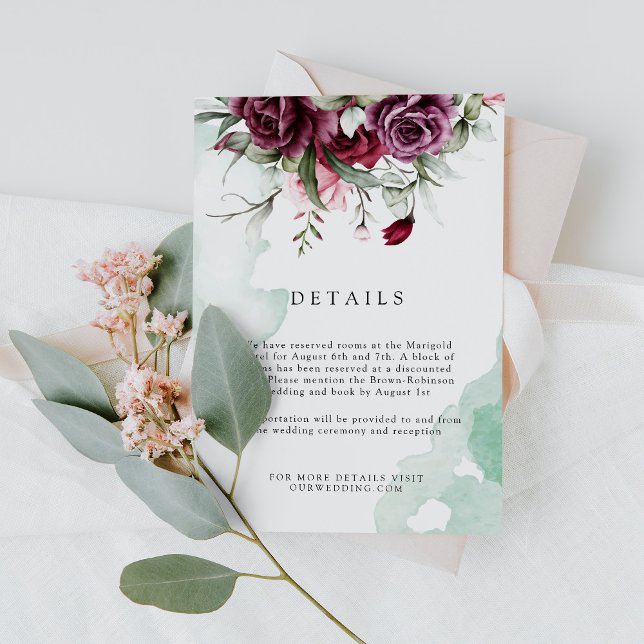 Elegant Floral Emerald Green & Burgundy Wedding Enclosure Card (Creator Uploaded)