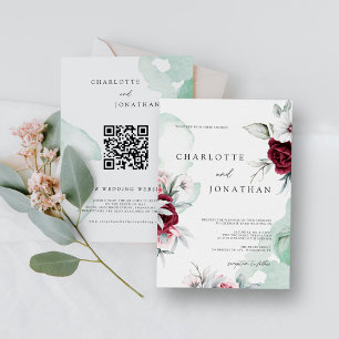 Elegant Floral Emerald Green & Burgundy Wedding Invitation