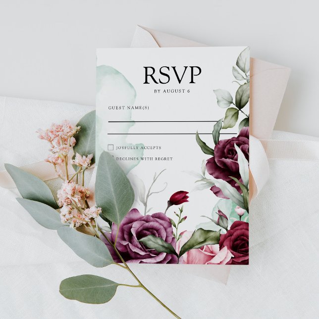 Elegant Floral Emerald Green & Burgundy Wedding RSVP Card (Creator Uploaded)