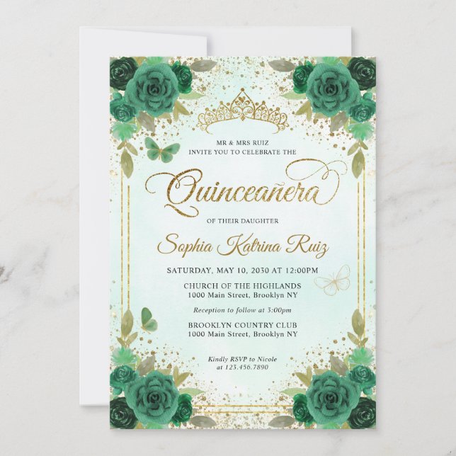 Elegant Floral Emerald Green Glam Gold Quinceañera Invitation (Front)