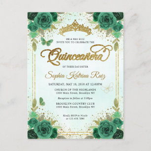 Elegant Floral Emerald Green Glam Gold Quinceañera Postcard
