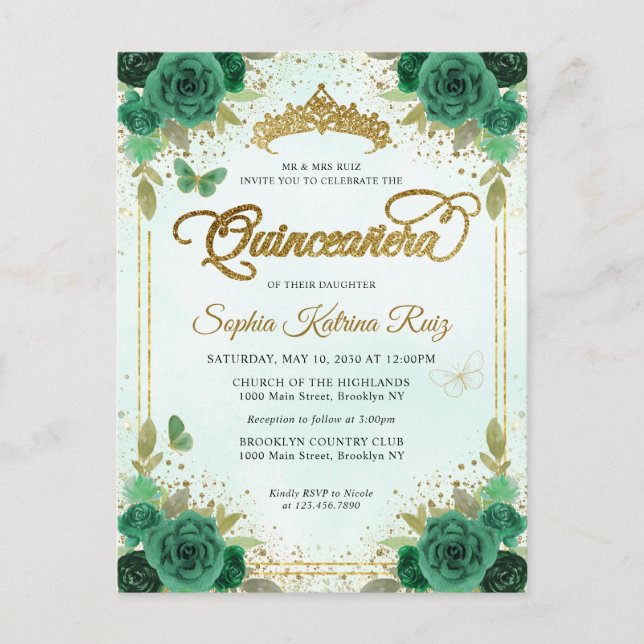 Elegant Floral Emerald Green Glam Gold Quinceañera Postcard (Front)