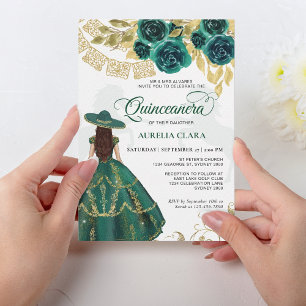 Elegant Floral Emerald Green Horse Quinceañera Invitation