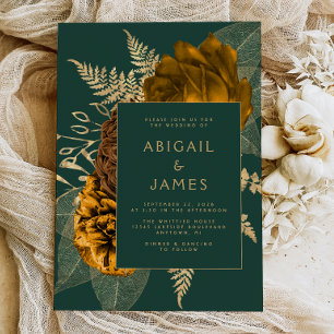 Elegant Floral Emerald Green Rust Gold Wedding Invitation