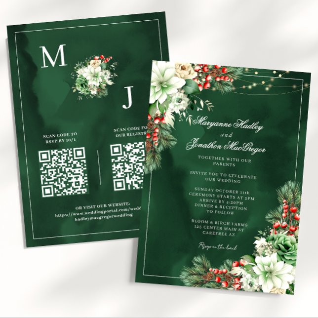 Elegant Floral Emerald Green Winter Wedding Invitation (Creator Uploaded)