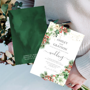 Elegant Floral Emerald Green Winter Wedding Invitation