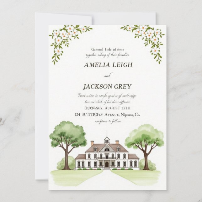 Elegant Floral Estate Wedding Invitation | Waterco (Front)