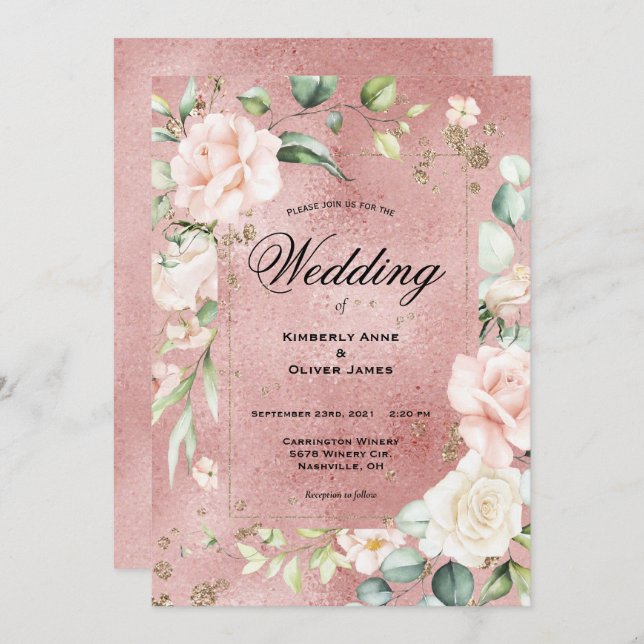 Elegant Floral Eucalyptus Pink Metallic Wedding Invitation (Front/Back)