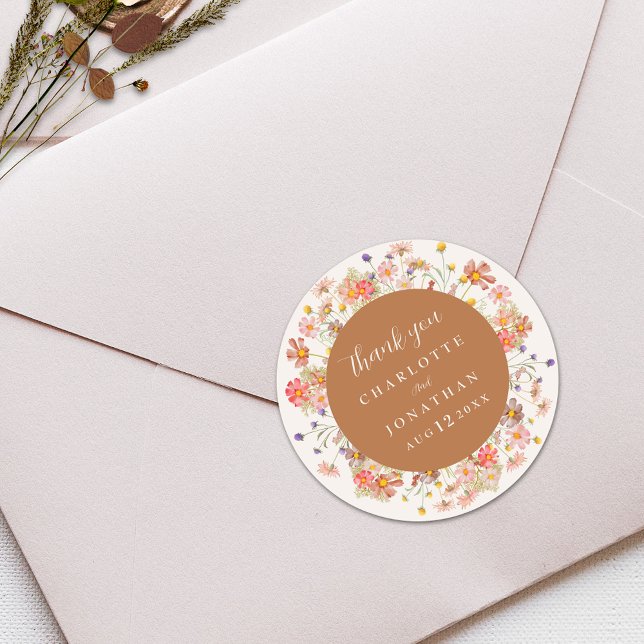 Elegant Floral Fall Wedding Thank You Classic Round Sticker (boho rustic floral fall wedding thank you custom sticker watercolor wildflowers Elegant script)