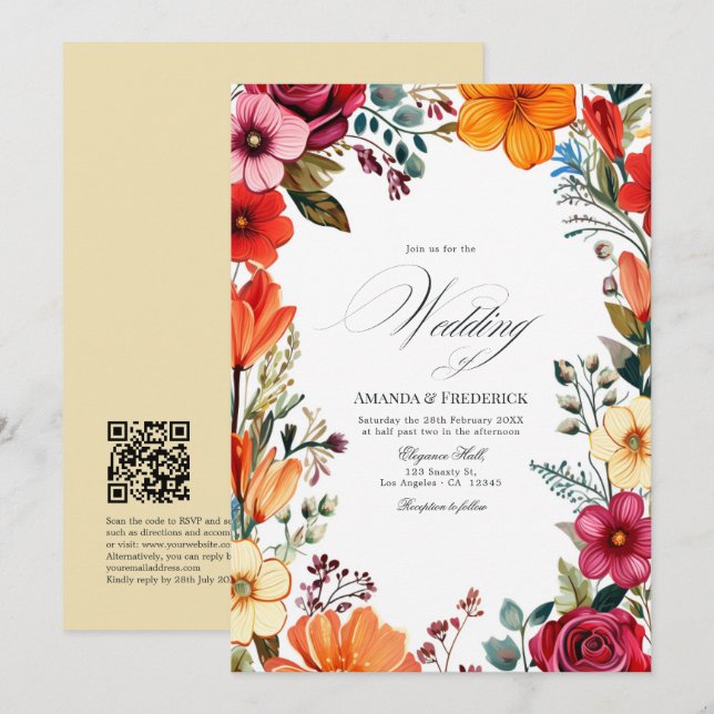 Elegant Floral Fiesta Wedding with QR Code Invitation (Front/Back)
