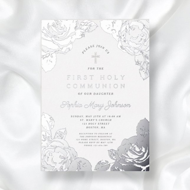 Elegant Floral First Communion Silver  (Elegant Floral First Communion Silver Foil Invitation)
