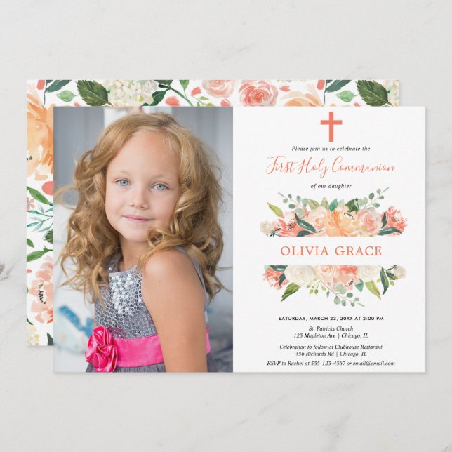 Elegant floral first holy communion girl photo invitation (Front/Back)
