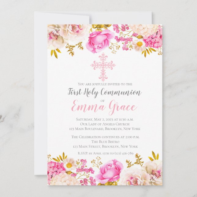 Elegant Floral First Holy Communion Invitation (Front)