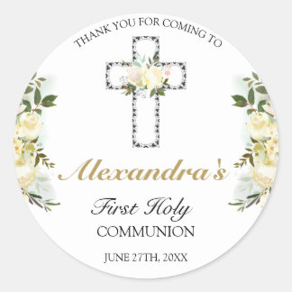 Elegant Floral First Holy Communion Thank You Classic Round Sticker