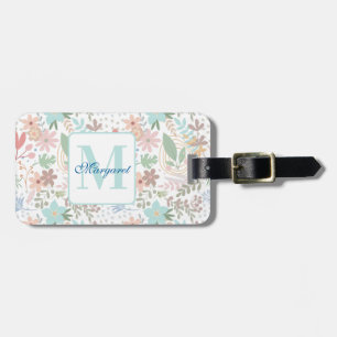 Elegant Floral Flower Leaf Blue Themed Monogram Luggage Tag