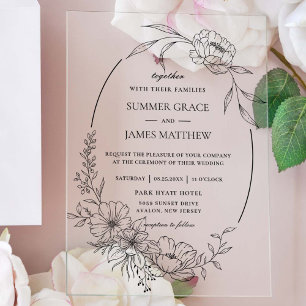 Elegant Floral Flowers Botanical Line Art Wedding Acrylic Invitations