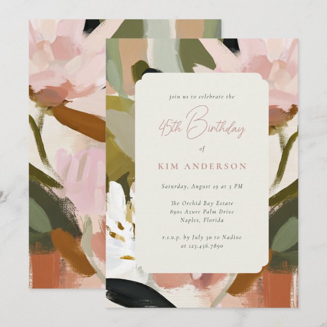Elegant Floral Flowers Painting 45th Birthday Invitation (Front/Back)