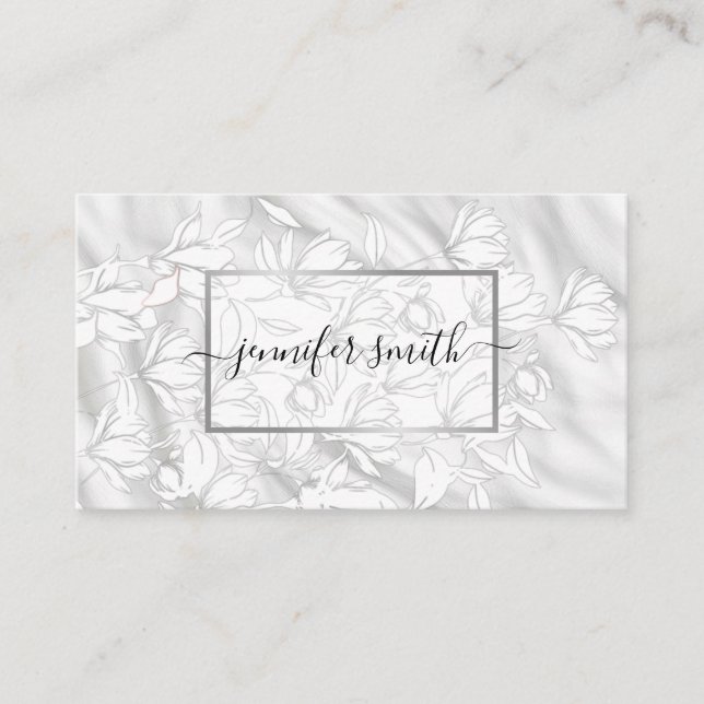 Elegant Floral Flowers Pattern Simple Silver Grey Business Card (Front)