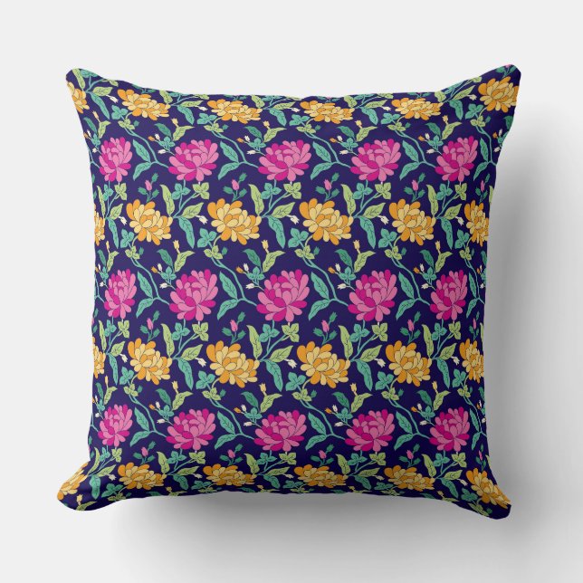 Elegant Floral Flowers Pink Yellow Buds Greenery Cushion (Front)