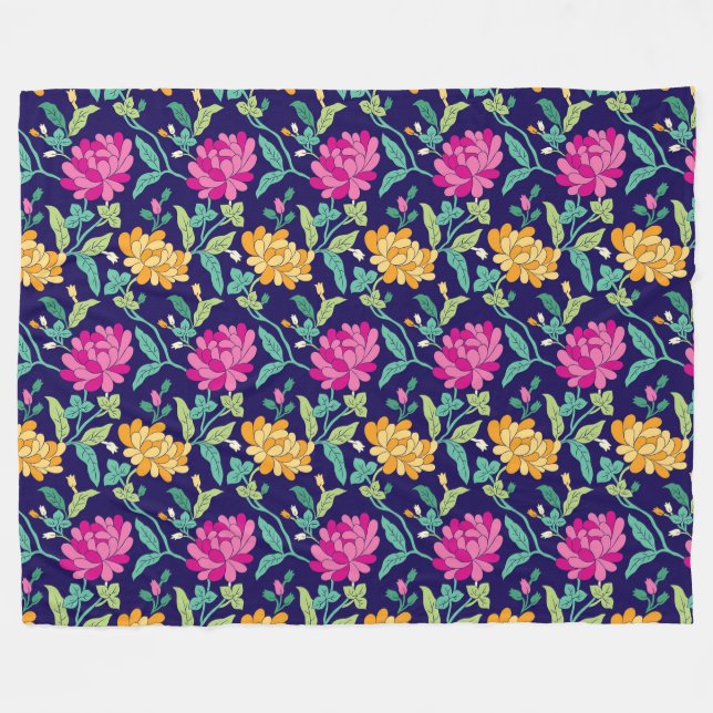 Elegant Floral Flowers Pink Yellow Buds Greenery Fleece Blanket (Front (Horizontal))