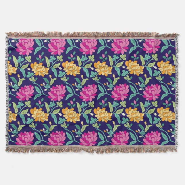 Elegant Floral Flowers Pink Yellow Buds Greenery Throw Blanket (Front)