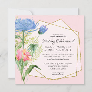 Elegant Floral Foliage Dusty Blue Pink Wedding Invitation