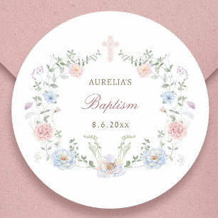 Elegant Floral Frame Baptism Classic Round Sticker